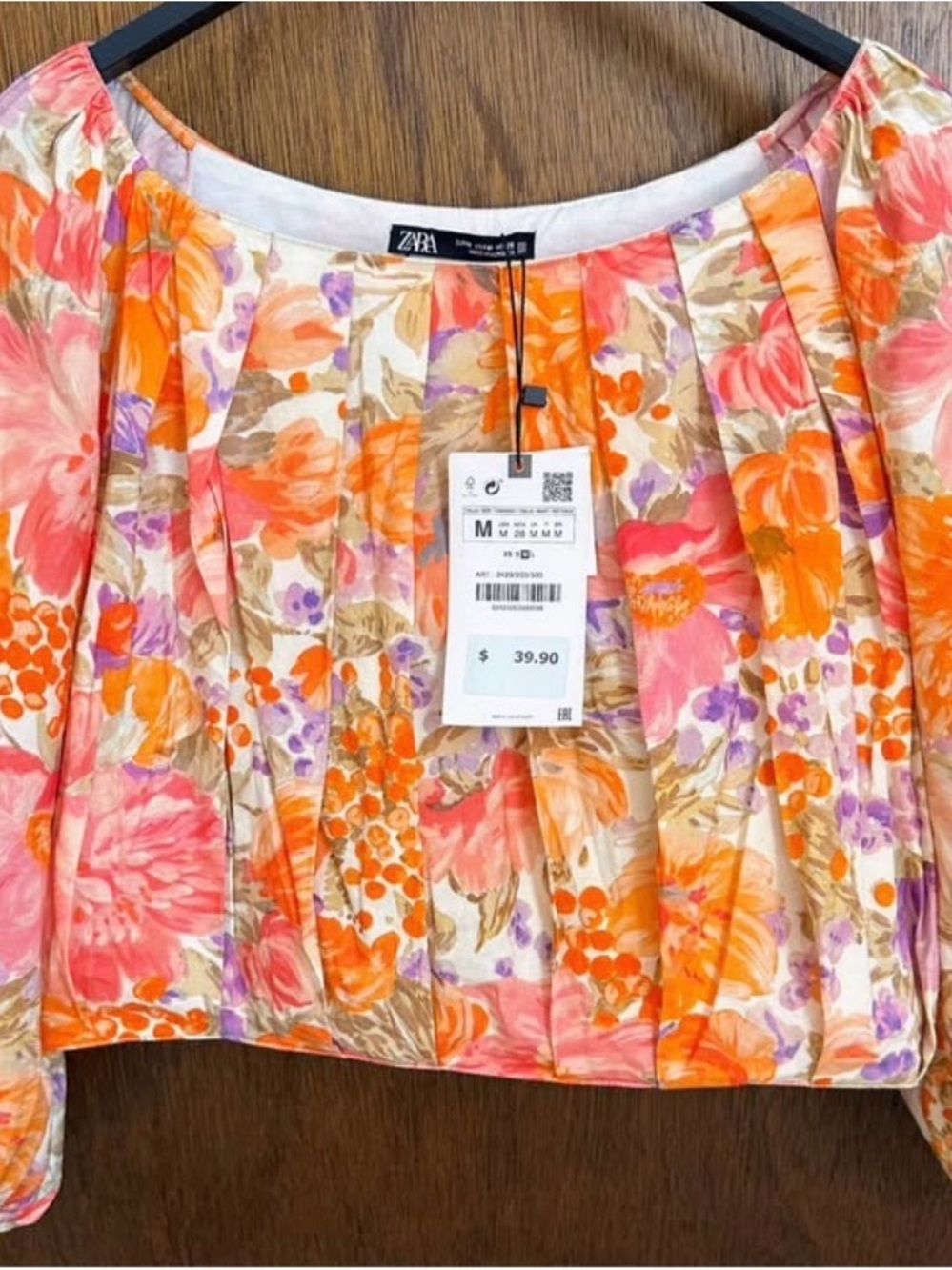 Zara Pink & Orange Floral Pleated Crop Top